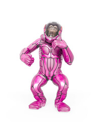 chimpanzee astronaut is doing a dominant pose in white background