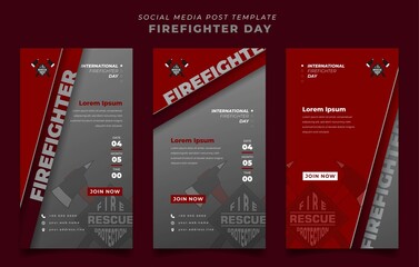 Set of social media template with red and gray background in portrait design for firefighter day
