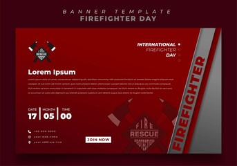 Banner template with axe design for firefighter day in red background