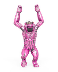 chimpanzee astronaut is doing a grasp high pose in white background