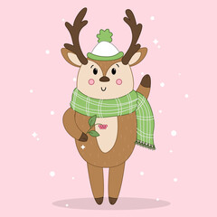 deer vector, cute deer in knitted scarf, forest animals, cartoon deer, deer in hand drawing style