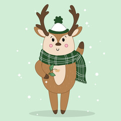 deer vector, cute deer in knitted scarf, forest animals, cartoon deer, deer in hand drawing style