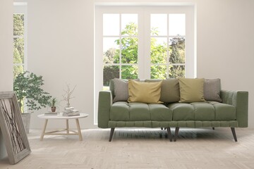 White living room with sofa and summer landscape in window. Scandinavian interior design. 3D illustration