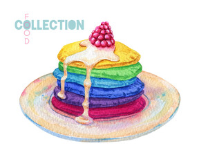 Rainbow pancakes. Watercolor breakfast. Colorful pancakes with raspberry and honey