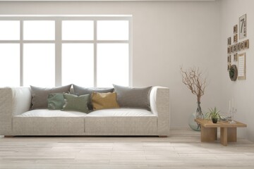 White living room with sofa. Scandinavian interior design. 3D illustration