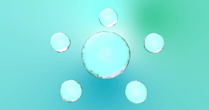 Animation of the fusion of water, serum and vitamins from five active components. A bright pink sphere of oil, cream, tonic, serum or cosmetics for face or body care.Close-up of a transparent liquid