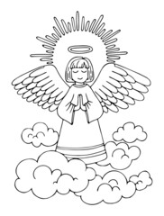 Coloring page of an angel praying for peace. Holy guardian angel in heaven. Hand drawn vector line art illustration. Coloring book for children and adults. Black and white sketch.