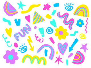 Cute doodle rainbow, flower, scribbles clip art set. Modern flat illustrations. Cartoon clipart design in violet, yellow and mint green colors.