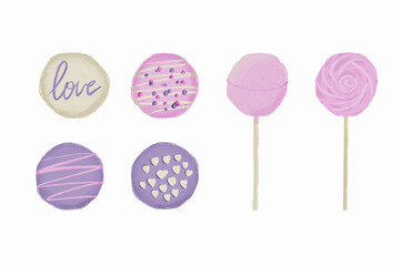 Set of candy illustrations Marshmallow, macaroon in pink and purple color isolated on white background