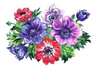 Bouquet of bright anemones, spring flowers on a white background, isolated, watercolor clipart, decor or print for various products.