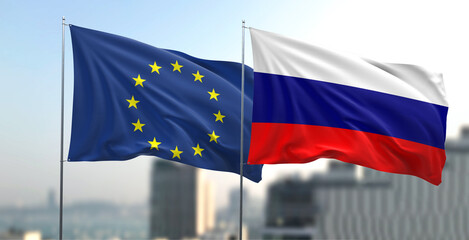 Flagi narodowe Rosji i UE - obrazy, fototapety, plakaty