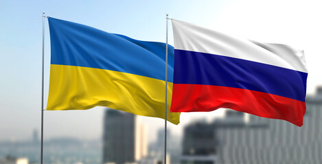 Flagi narodowe Ukrainy i Rosji - obrazy, fototapety, plakaty