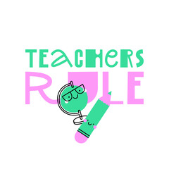 Cute cartoon hand drawn cards for Teacher day. Vector print in flat style. Hand drawn lettering best teacher ever