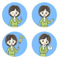 Four poses of a young woman in a green suit on light blue circles