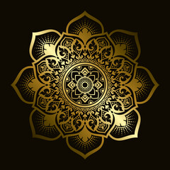 Mandala pattern applied in Thai art style with golden gradient. Dark black background. Vector illustration.