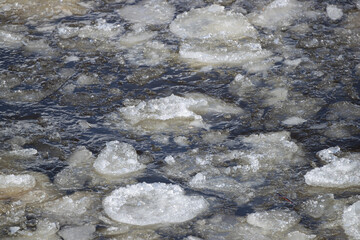 Spring dirty ice on the surface of a river, reservoir, lake