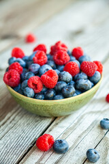 Close-up fresh ripe blueberry and raspberry in a bowl