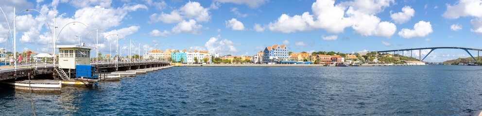 Panorama of Queen-Emma-Bridge, Otrobanda and Queen-Juliana-Bridge in Willemstad, Curacao