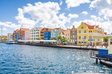 Famous colorful waterfront buildings in dutch-caribbean, colonial style viewed from the...