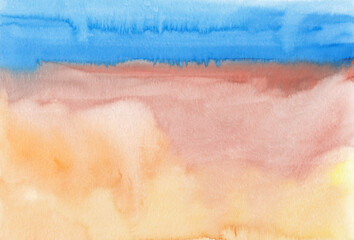Watercolor blue, brown and yellow background texture. Abstract watercolour landscape. Stains on paper, hand painted.