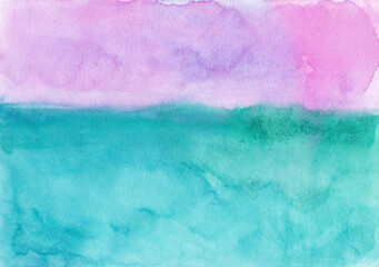 Watercolor pastel pink and sea green background texture. Watercolour backdrop. Stains on paper, hand painted.