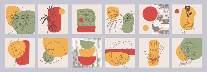 Set of creative hand painted abstract shapes in one line. Minimalistic vector posters: female portrait, flowers, branches, abstraction. For postcard, placard, placard, brochure, cover design, web.