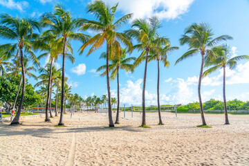 Miami South Beach park with palms, and volleyball grounds, Florida