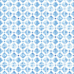 Seamless watercolor pattern. Square vintage tile. Blue and white ornament painted with paint on paper. Handmade. Print for textiles. Set grunge texture.