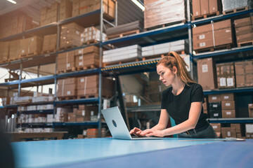 Woman using laptop at warehouse
- 496186454