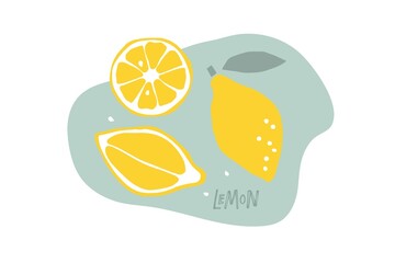 Lemon Fruit with leaves, hand drawn doodle sketch isolated. Flat vector illustration Food template for menu, nursery design, sticker, detox diet concept, farmers market. Whole fruit and cut half.