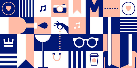 Female vector illustration with accessories shopping. Flat design background for poster, shop window, press wall and website