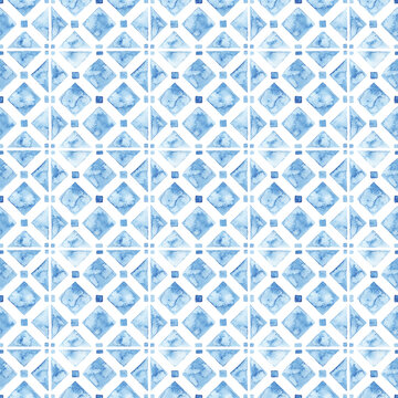 Seamless watercolor pattern. Square vintage tile. Blue and white ornament painted with paint on paper. Handmade. Print for textiles. Set grunge texture.
