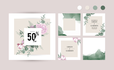 pink and green flower background for social media Instagram post. floral leaf square frame layout template for beauty, special offer, spring sale, wedding advertisement. hand drawn vector illustration