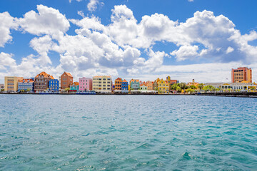 Famous colorful waterfront buildings in dutch-caribbean, colonial style viewed from the district...