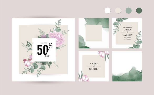 Pink And Green Flower Background For Social Media Instagram Post. Floral Leaf Square Frame Layout Template For Beauty, Special Offer, Spring Sale, Wedding Advertisement. Hand Drawn Vector Illustration