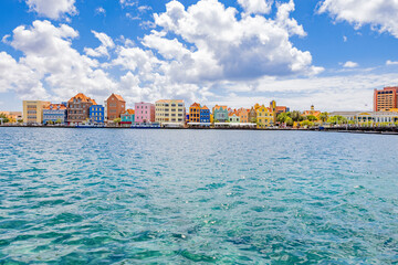 Famous colorful waterfront buildings in dutch-caribbean, colonial style viewed from the district...