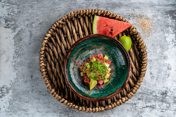 Healthy Organic Watermelon Salad with Mint, Feta, and Cucumber