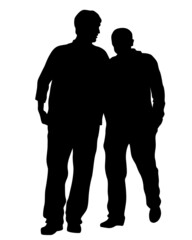 Young people in fashionable clothes on the street. Isolated silhouettes on white background