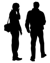 Young people in fashionable clothes on the street. Isolated silhouettes on white background