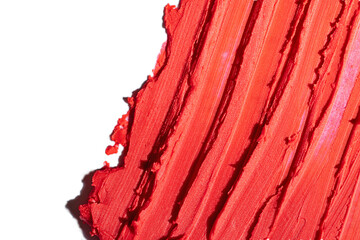 Abstract red smear of matte lipstick,isolated on white background.