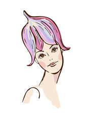 Floral portrait of beautiful girl with hairstyle like a bell flower. Woman with campanula on head. Image concept for flower horoscope, print, poster. Hand drawn, vector, isolated on white background.