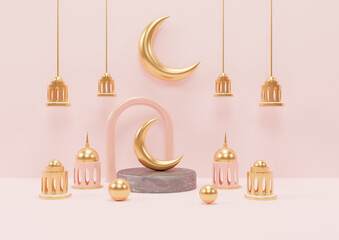 Islamic ramadan greeting background with 3d render podium mosque and islamic decoration