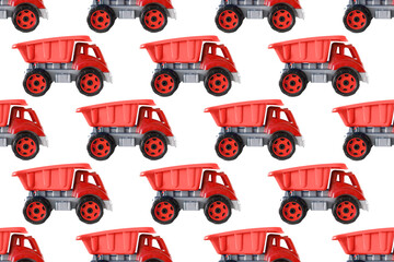 Colorful red plastic dump truck, tip lorry, car toy isolated on white background still life seamless pattern,mockup, template, toys for children, girls, kids development, playing, childhood