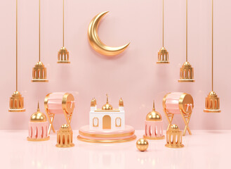 Realistic 3d islamic ramadan ornament background with mosque and islamic decoration