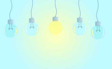 Contemporary Set of light bulbs socket at the top with one glowing. Trendy flat vector light bulb icons with concept of idea on yellow background.