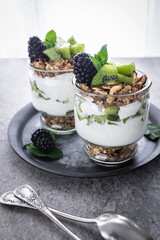 Parfait with kiwi, blackberries, granola and yogurt. Healthy and delicious dessert