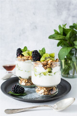 Parfait with kiwi, blackberries, granola and yogurt. Healthy and delicious dessert