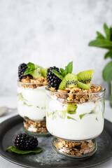 Parfait with kiwi, blackberries, granola and yogurt. Healthy and delicious dessert