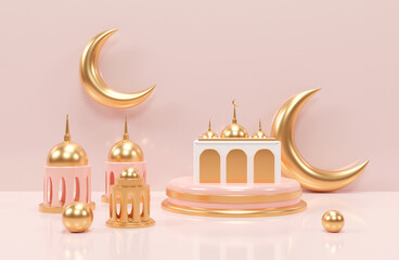 Realistic 3d islamic ramadan ornament background with mosque and islamic decoration