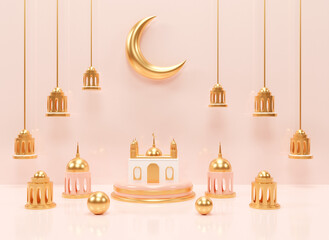 Realistic 3d islamic ramadan ornament background with mosque and islamic decoration